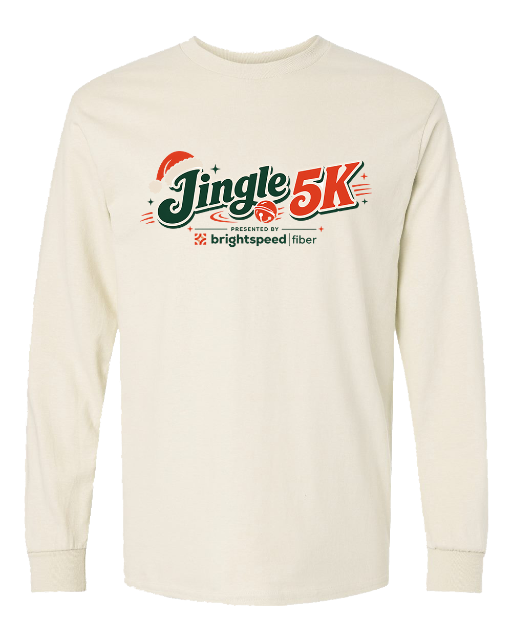2026 Jingle 5K cream long-sleeve shirt design with evergreen and red event artwork